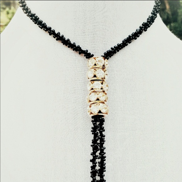NEW Black Beads Gold Bling Lariat Necklace - Picture 3 of 8